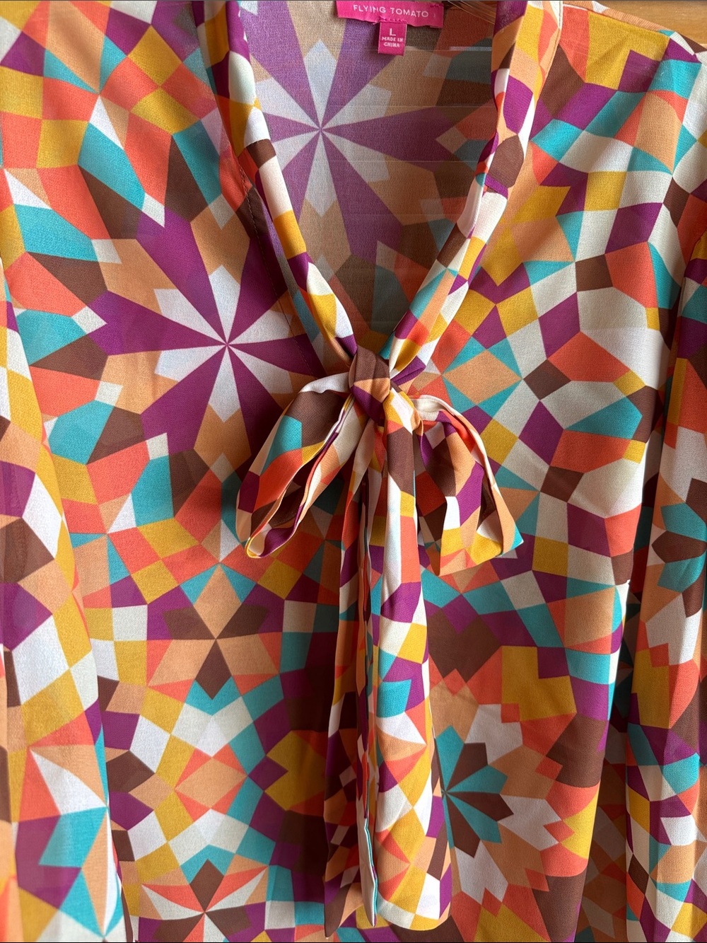 FLYING TOMATO Women’s Geometric Print Tie-Neck Blouse - Multicolor - Picture 3 of 5